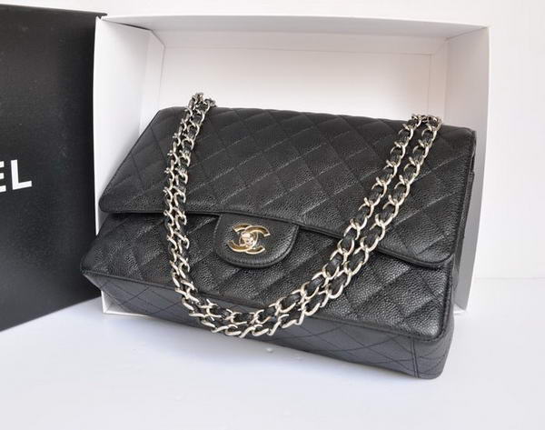 Chanel A47600 Black Original Caviar Leather Jumbo Flap Bag Silver