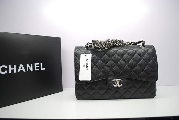 Chanel Jumbo Double Flaps Bag Black Original Caviar Leather A36097 Silver