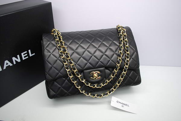 Top Quality Chanel Maxi Double Flaps Bag Black Original Lambskin Leather A36098 Gold