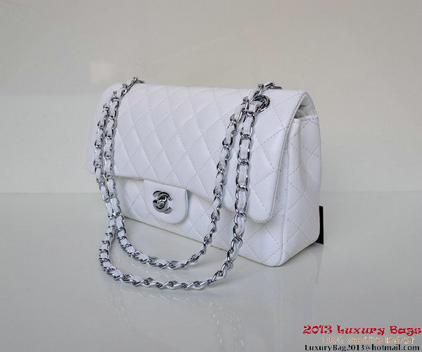 Chanel A01112 Classic Flap Bag White Sheepskin Silver