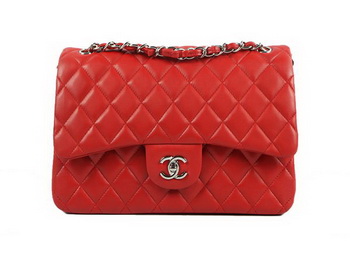 Chanel A01113 Classic Flap Bag Red Original Leather Silver