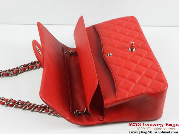 Chanel A01113 Classic Flap Bag Red Original Leather Silver