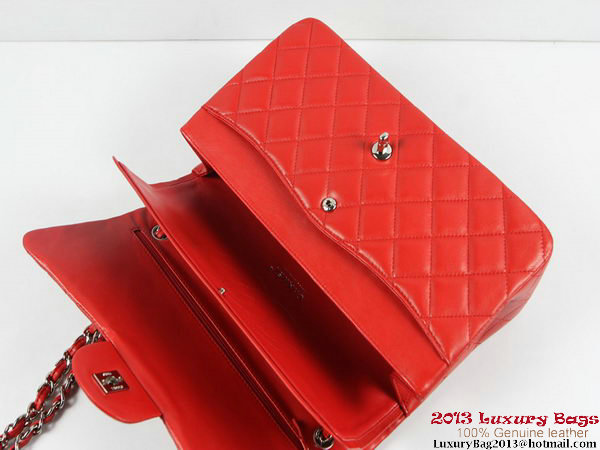 Chanel A01113 Classic Flap Bag Red Original Leather Silver