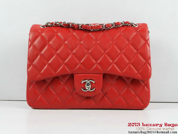 Chanel A01113 Classic Flap Bag Red Original Leather Silver