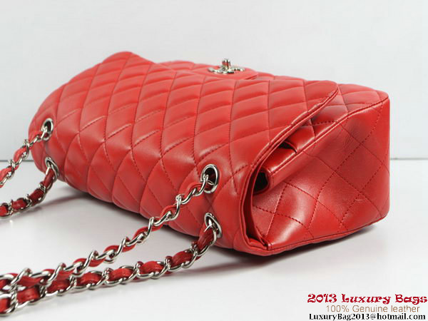 Chanel A01113 Classic Flap Bag Red Original Leather Silver