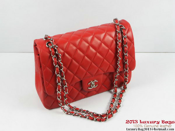 Chanel A01113 Classic Flap Bag Red Original Leather Silver