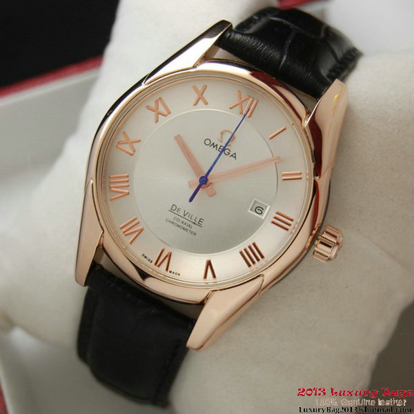 OMEGA DE VILLE Co-AXIAL CHRONOMETER Red Gold on Black Leather Strap OM77022