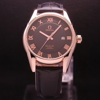 OMEGA DE VILLE Co-AXIAL CHRONOMETER Red Gold on Black Leather Strap OM77024