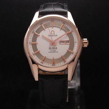 OMEGA DE VILLE HOUR VISION ANNUAL CALENDAR Red Gold on Black Leather Strap OM77120