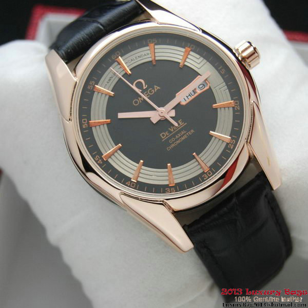 OMEGA DE VILLE HOUR VISION ANNUAL CALENDAR Red Gold on Black Leather Strap OM77124