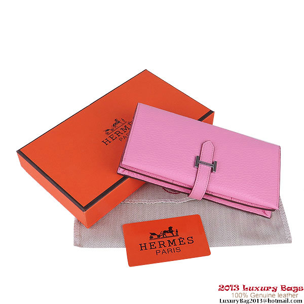 Hermes Bearn Japonaise Clemence Leather Wallet H005 Pink