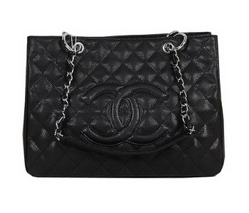 Chanel Classic CC Shopping Bag Black Cannage Patterns A35899 Silver