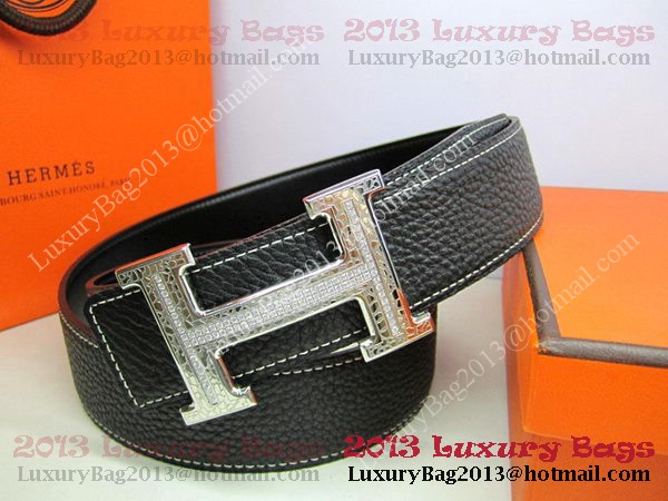 Hermes Calf Leather Diamond Belt HB118 Black Silver