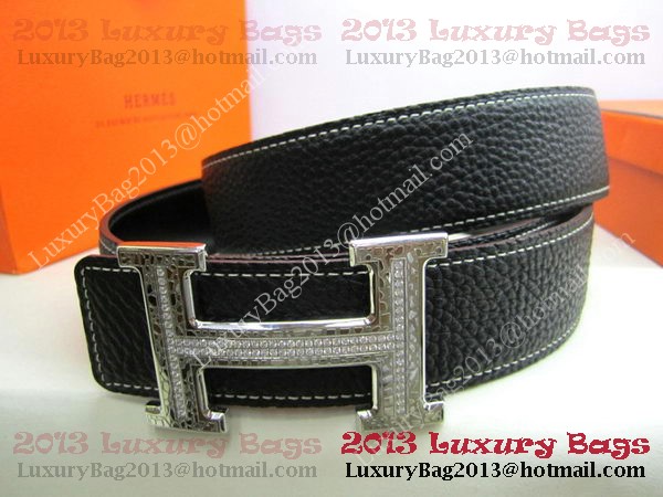 Hermes Calf Leather Diamond Belt HB118 Black Silver