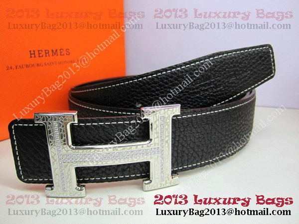 Hermes Calf Leather Diamond Belt HB118 Black Silver