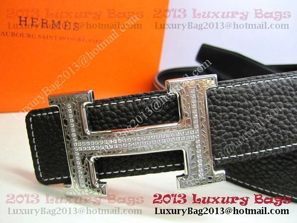 Hermes Calf Leather Diamond Belt HB118 Black Silver