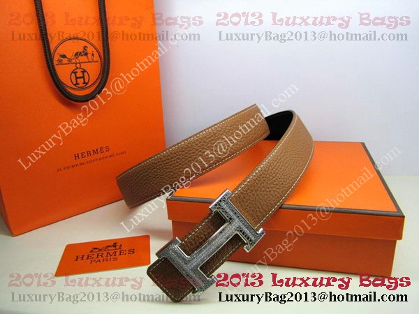 Hermes Calf Leather Diamond Belt HB118 Brown Silver