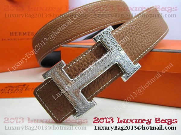 Hermes Calf Leather Diamond Belt HB118 Brown Silver