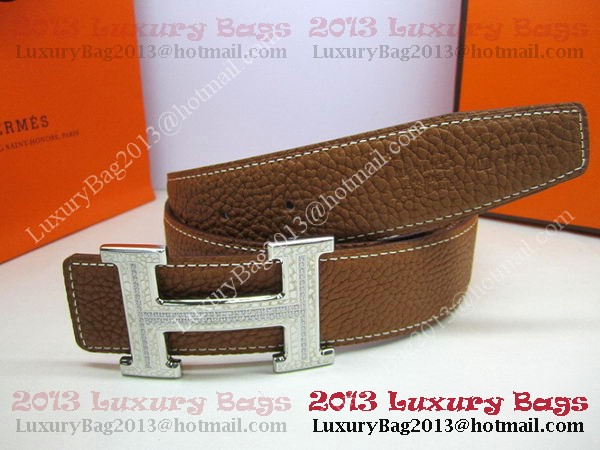 Hermes Calf Leather Diamond Belt HB118 Brown Silver