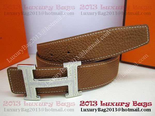 Hermes Calf Leather Diamond Belt HB118 Brown Silver