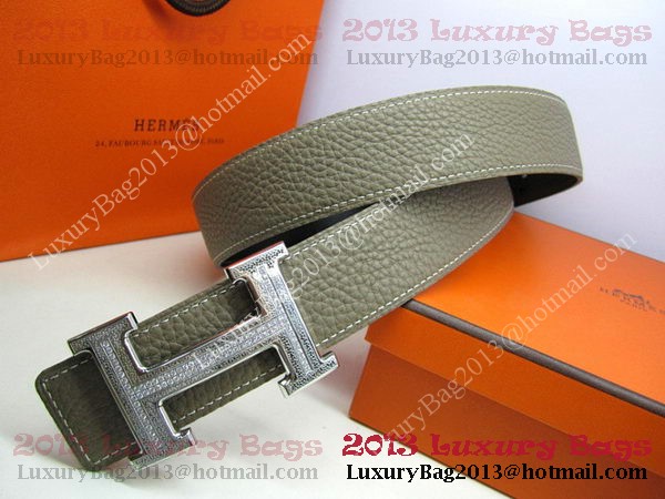 Hermes Calf Leather Diamond Belt HB118 Khaki Silver