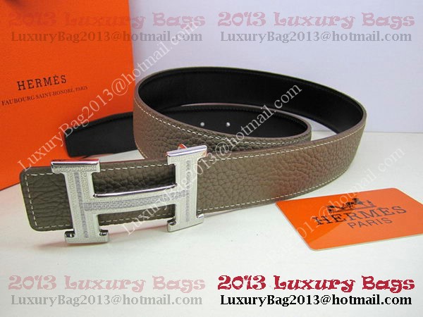 Hermes Calf Leather Diamond Belt HB118 Khaki Silver