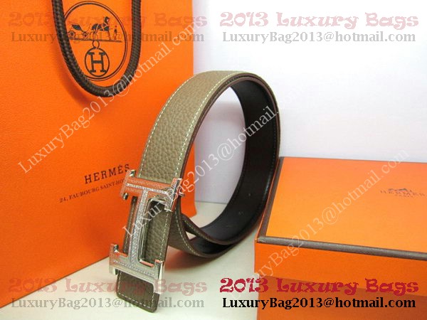 Hermes Calf Leather Diamond Belt HB118 Khaki Silver