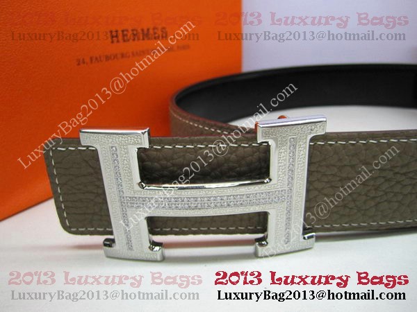 Hermes Calf Leather Diamond Belt HB118 Khaki Silver