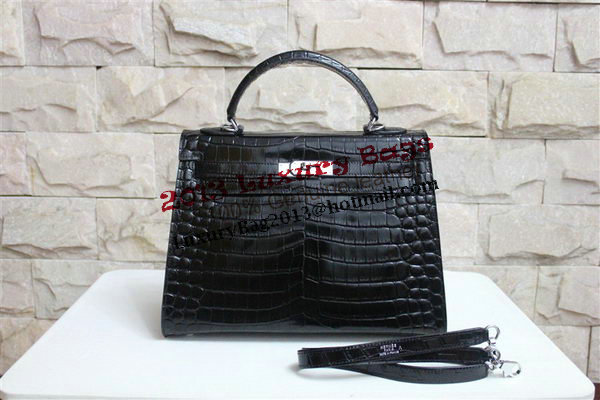 Hermes Kelly 32cm Shoulder Bag Black Croco Patent Leather K32 Silver