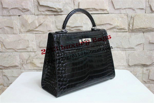 Hermes Kelly 32cm Shoulder Bag Black Croco Patent Leather K32 Silver