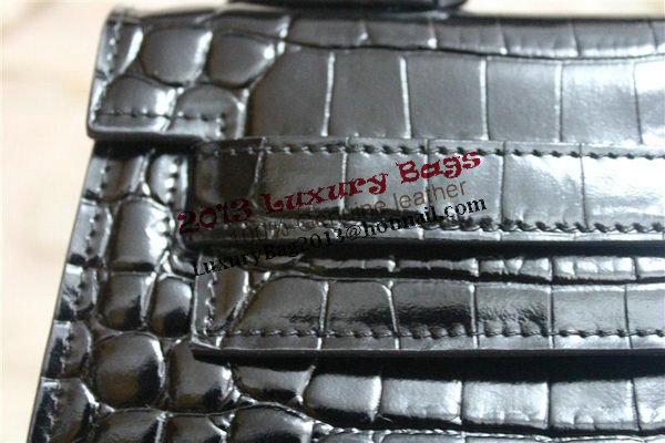 Hermes Kelly 32cm Shoulder Bag Black Croco Patent Leather K32 Silver