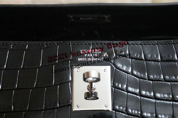 Hermes Kelly 32cm Shoulder Bag Black Croco Patent Leather K32 Silver