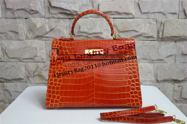 Hermes Kelly 32cm Shoulder Bag Orange Croco Patent Leather K32 Gold