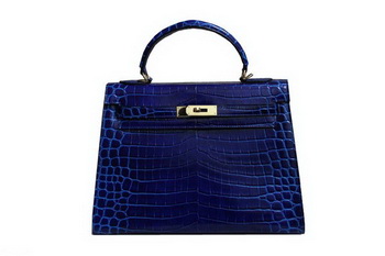 Hermes Kelly 32cm Shoulder Bag Blue Croco Patent Leather K32 Silver