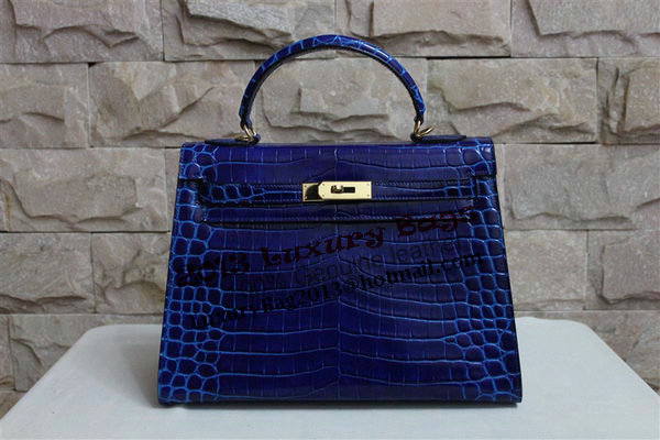 Hermes Kelly 32cm Shoulder Bag Blue Croco Patent Leather K32 Silver