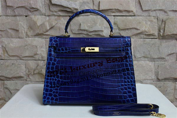 Hermes Kelly 32cm Shoulder Bag Blue Croco Patent Leather K32 Silver