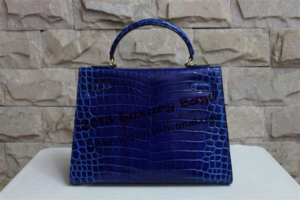 Hermes Kelly 32cm Shoulder Bag Blue Croco Patent Leather K32 Silver