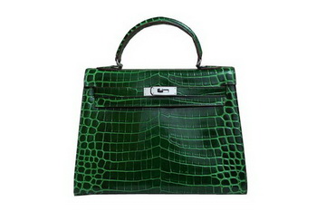 Hermes Kelly 32cm Shoulder Bag Green Croco Patent Leather K32 Silver