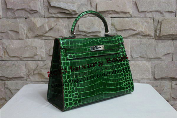 Hermes Kelly 32cm Shoulder Bag Green Croco Patent Leather K32 Silver