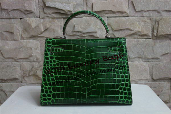 Hermes Kelly 32cm Shoulder Bag Green Croco Patent Leather K32 Silver