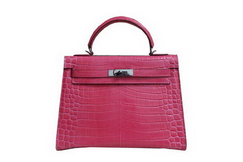 Hermes Kelly 32cm Shoulder Bag Pink Croco Patent Leather K32 Silver