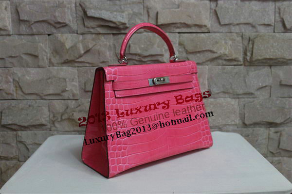 Hermes Kelly 32cm Shoulder Bag Pink Croco Patent Leather K32 Silver