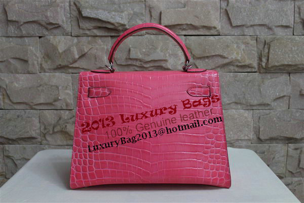 Hermes Kelly 32cm Shoulder Bag Pink Croco Patent Leather K32 Silver