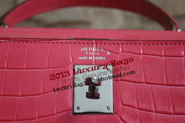 Hermes Kelly 32cm Shoulder Bag Pink Croco Patent Leather K32 Silver