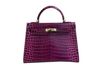 Hermes Kelly 32cm Shoulder Bag Purple Croco Patent Leather K32 Gold