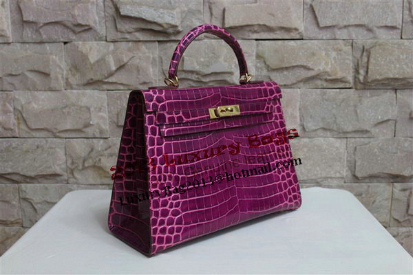 Hermes Kelly 32cm Shoulder Bag Purple Croco Patent Leather K32 Gold