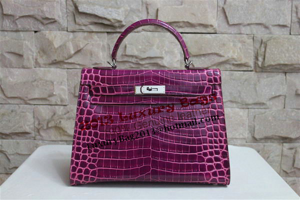 Hermes Kelly 32cm Shoulder Bag Purple Croco Patent Leather K32 Silver