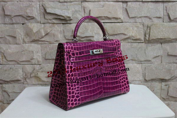 Hermes Kelly 32cm Shoulder Bag Purple Croco Patent Leather K32 Silver