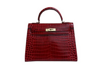 Hermes Kelly 32cm Shoulder Bag Red Croco Patent Leather K32 Gold