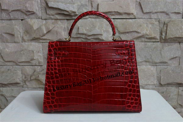 Hermes Kelly 32cm Shoulder Bag Red Croco Patent Leather K32 Gold